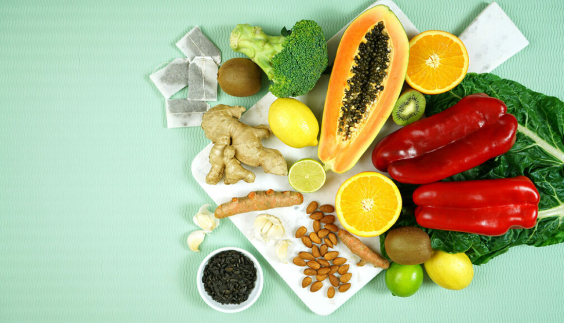 Foods that boost the Immune System including fruit, vegetables and poultry.