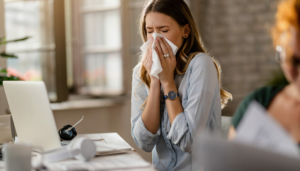 Young businesswoman using a tissue while sneezing in the office.