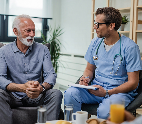A smiling senior man speaking with a male medical professional in blue scrubs and glasses who is taking notes on a clipboard during a friendly home consultation.