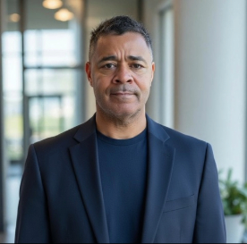 A man with short hair wearing a dark blazer and a navy shirt stands indoors near large windows and a plant, looking at the camera with a neutral expression.