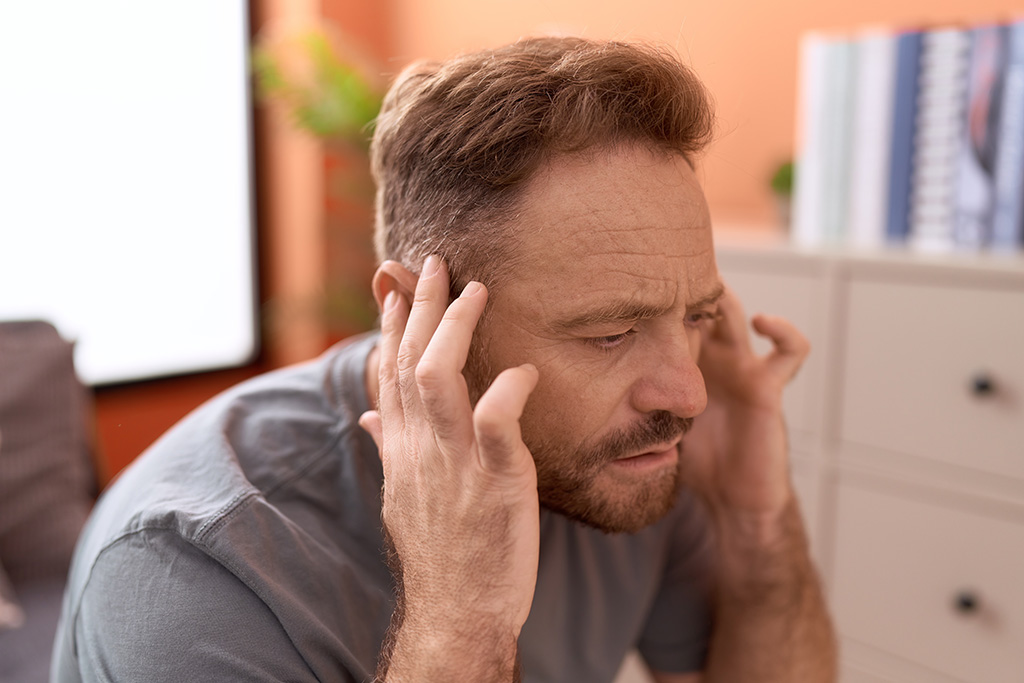 A man sits indoors, touching both sides of his head near his temples with a pained or stressed expression, suggesting he may have a headache or is feeling stressed.