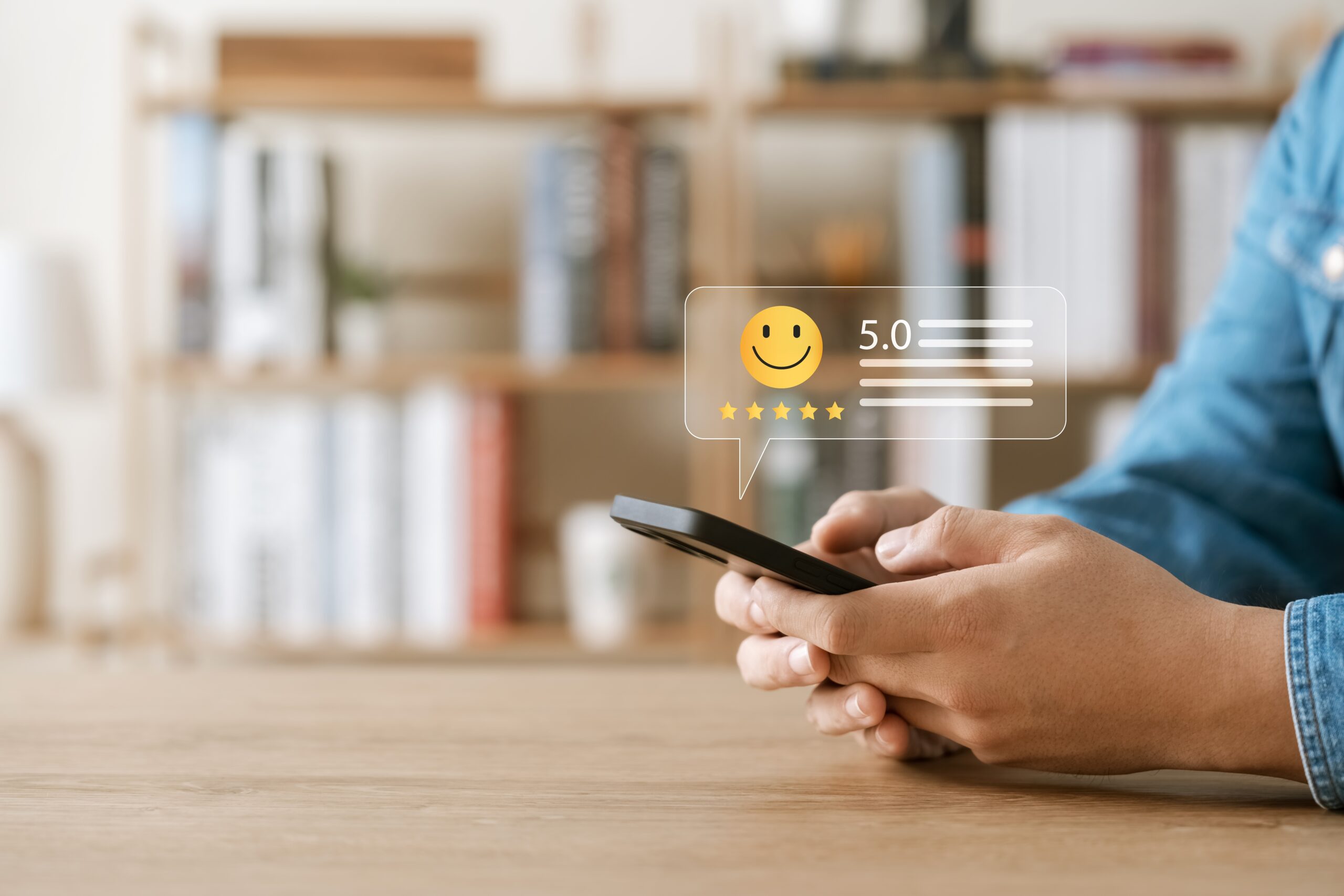 A person holding a smartphone at a wooden table, with a digital graphic overlay showing a smiley face, five stars, and a 5.0 rating. Blurred bookshelf and home decor are in the background.