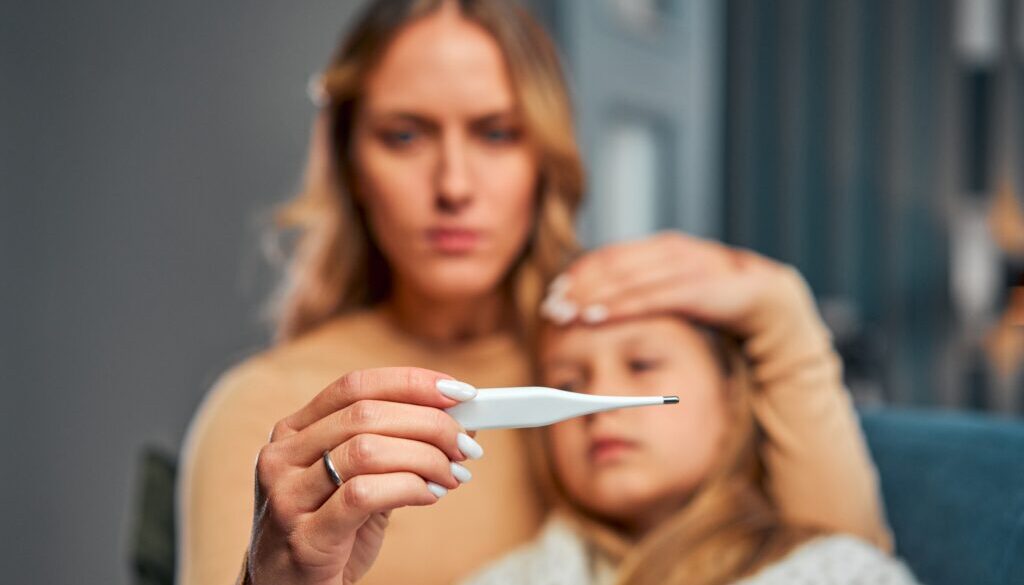 A worried mother holds a thermometer near her sick child